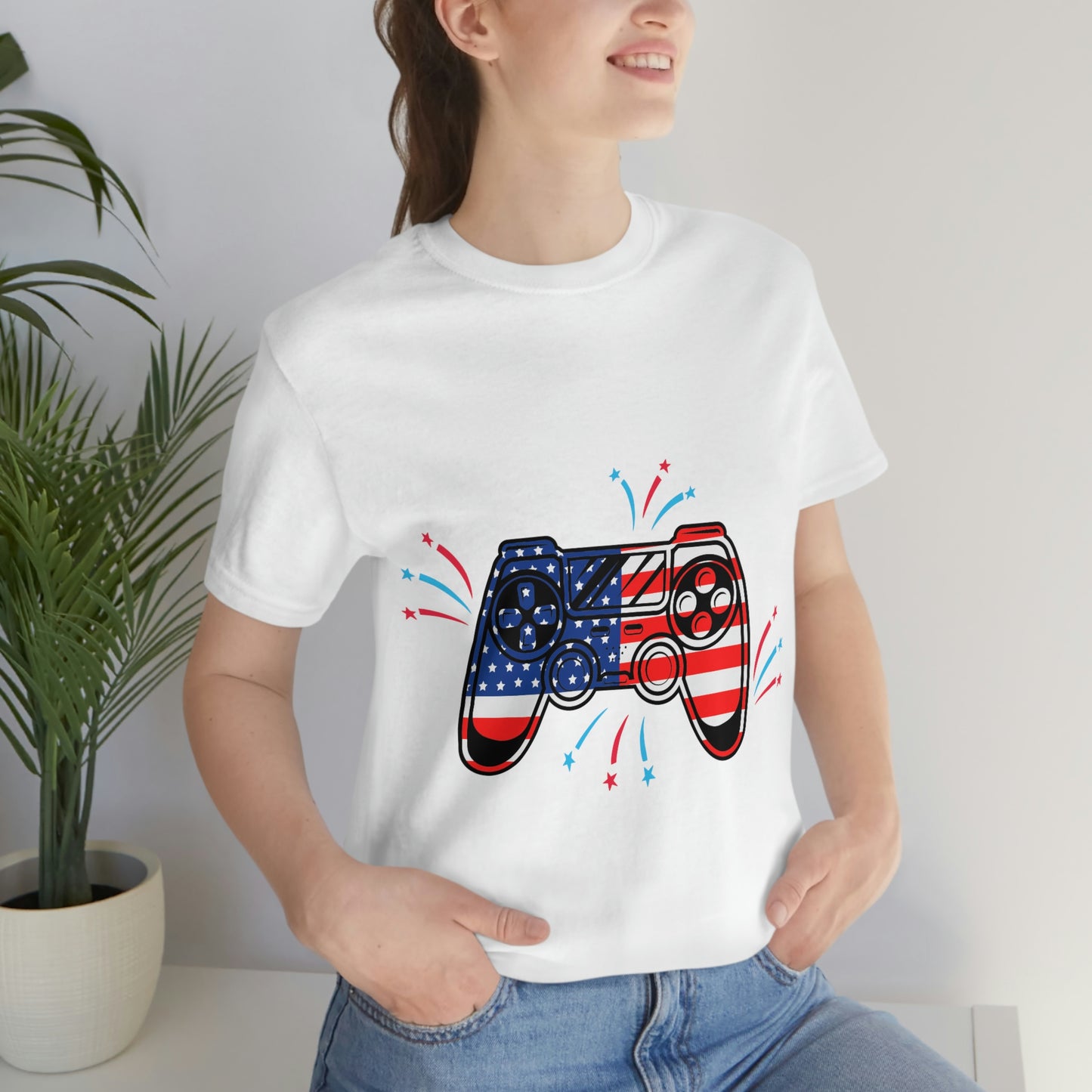 American Flag, Fourth Of July 4th , American Flag Game Controller Unisex Jersey Short Sleeve Tee