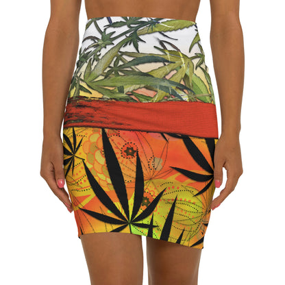 Beautiful Redish Orange Banded Marijuana 420 Pot Weed Leaf Women's Mini Skirt (AOP)