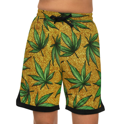 Gold And Green Marijuana Pot Weed Leaf With Gold Background 420 Basketball Rib Shorts (AOP)