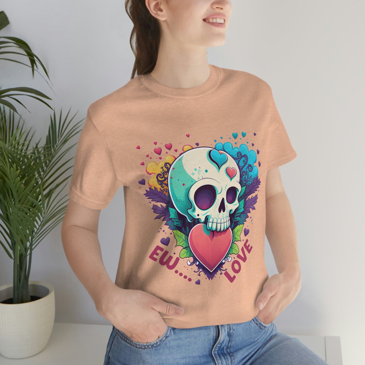 Ew Love Valentine Skull  With Pink And Blue Hearts Unisex Jersey Short Sleeve Tee