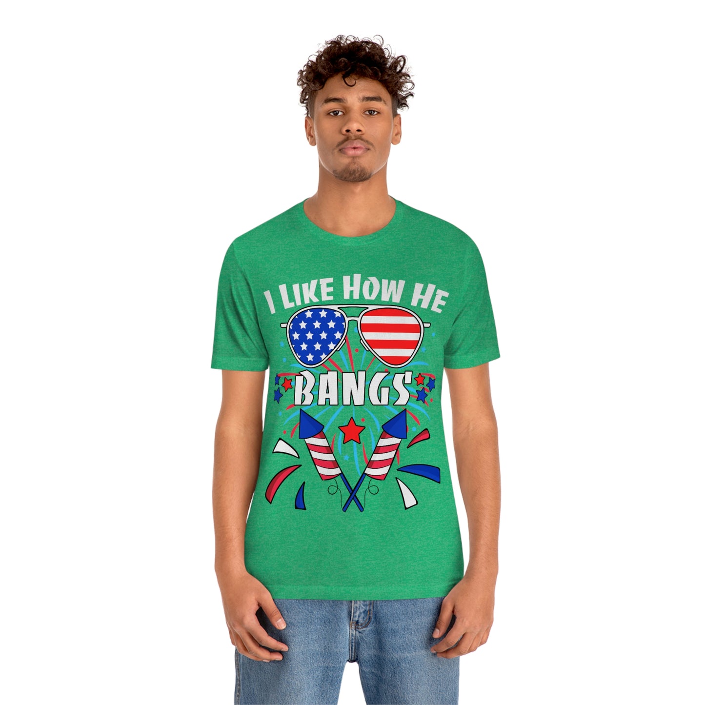 I Like How He Bangs American Flag, Fourth Of July 4th , American Flag Glasses Unisex Jersey Short Sleeve Tee