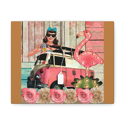 Retro Summer Fun Travel Van Flamingo Collage Canvas Gallery Wraps