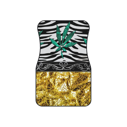 Gold And Zebra White And Black Marijuana Pot 420 Leaf Car Mats (Set of 4)