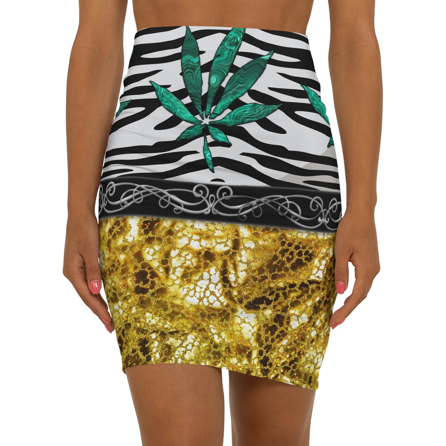 Gold And Zebra White And Black Marijuana Pot Weed Leaf 420 Leaf Women's Mini Skirt (AOP)