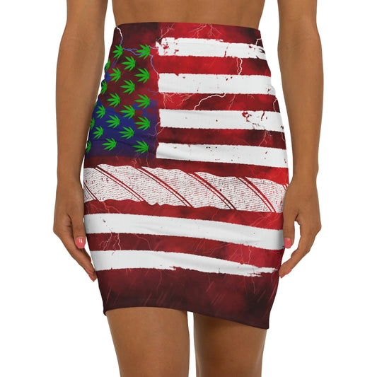 Flag Red, White And Blue Beautiful Red Background With Marijuana Pot Weed 420 Women's Mini Skirt (AOP)