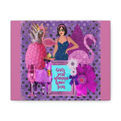 Girls Just Want To Have Fun Retro Summer Fun Travel Van Flamingo Collage Canvas Gallery Wraps