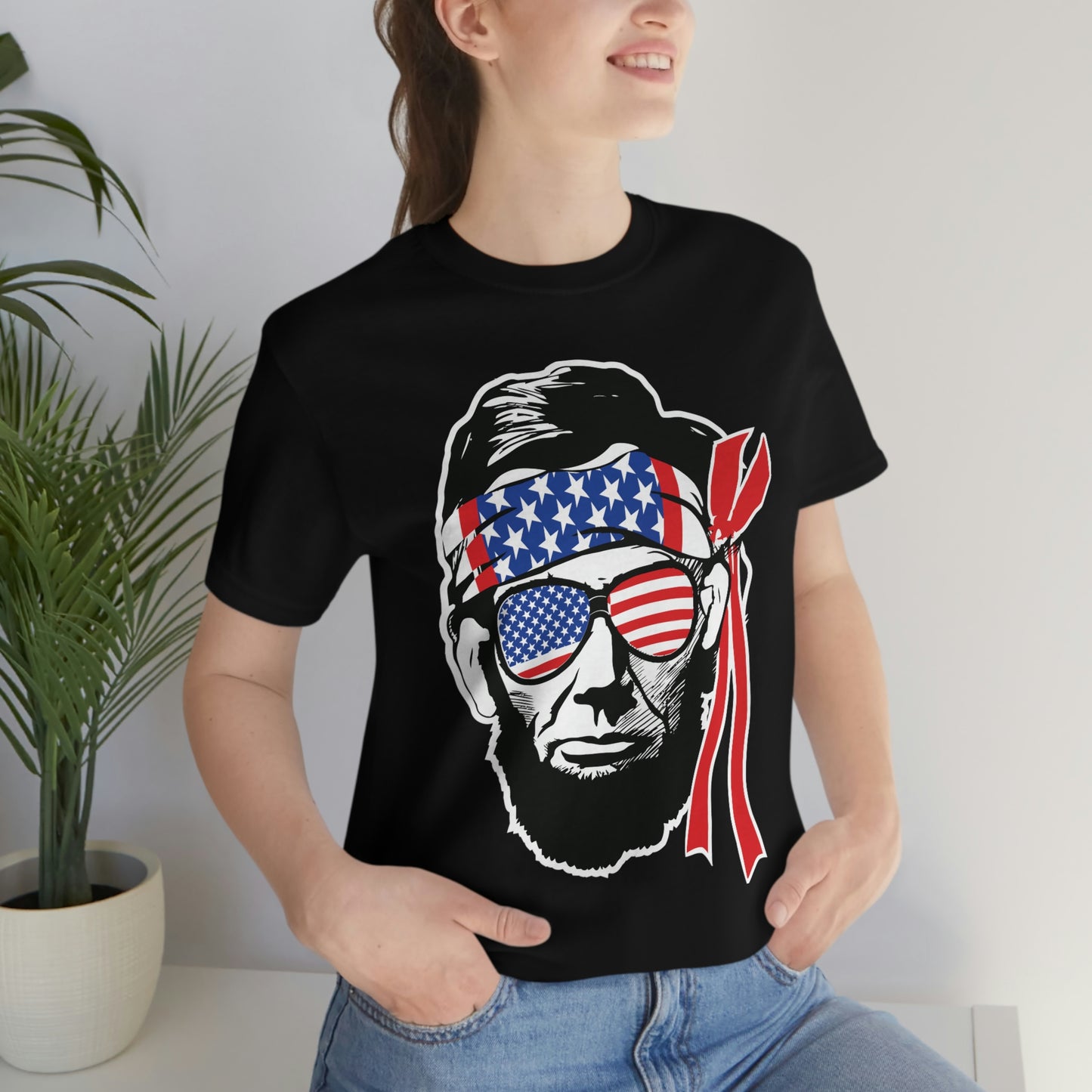 Independence Day Groovy Flag Glasses Well Known Face with Flag Bandana Unisex Jersey Short Sleeve Tee