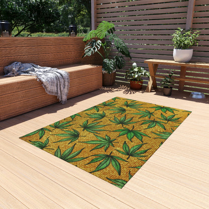 Gold And Green Marijuana Pot Weed Leaf With Gold Background 420 Outdoor Rug