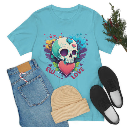 Ew Love Valentine Skull  With Pink And Blue Hearts Unisex Jersey Short Sleeve Tee