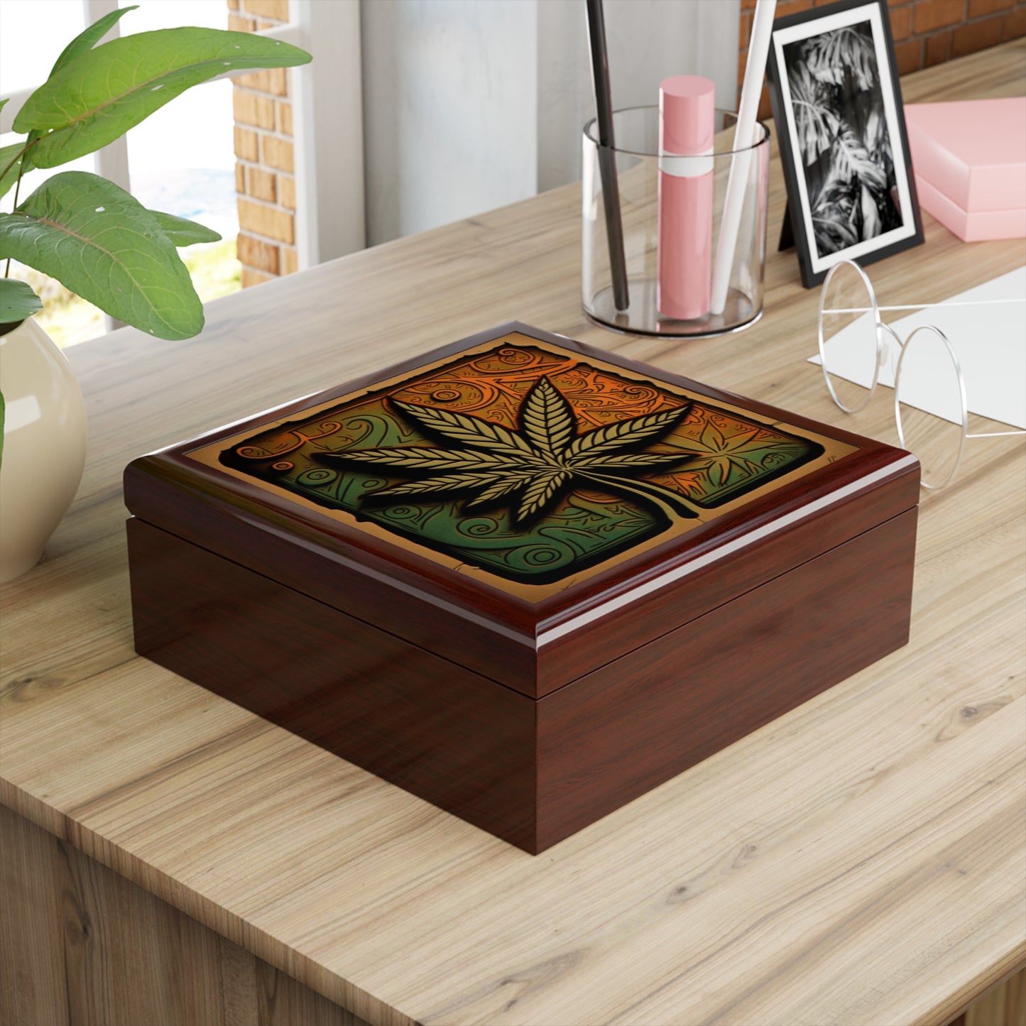 Marijuana Leaf Multi Blue and Green Collage Jewelry Box