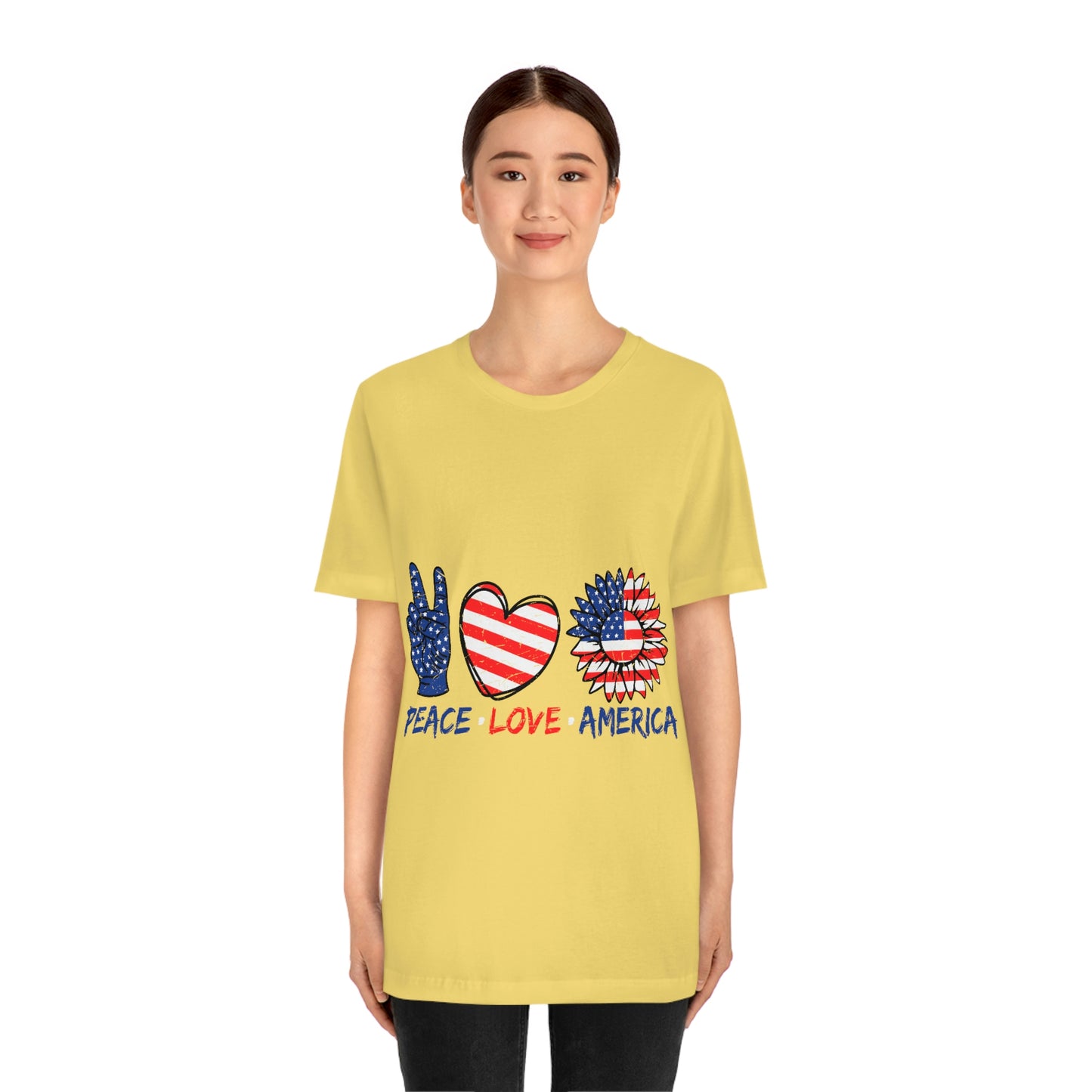 Peace Fingers , Love Heart , America Flag Design Unisex Jersey Short Sleeve Tee