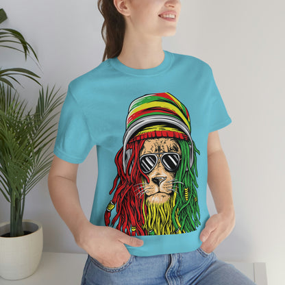 Reggae Lion With Dread locks with Hat, Unisex Jersey Short Sleeve Tee