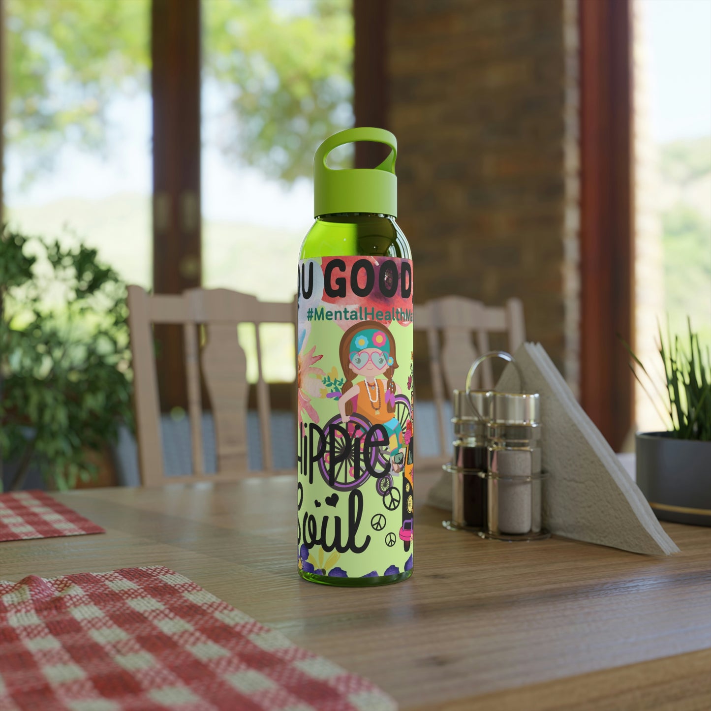 You Good Sis ? Mental Health Awareness Hippie Chic , Wheelchair Green Background Sky Water Bottle