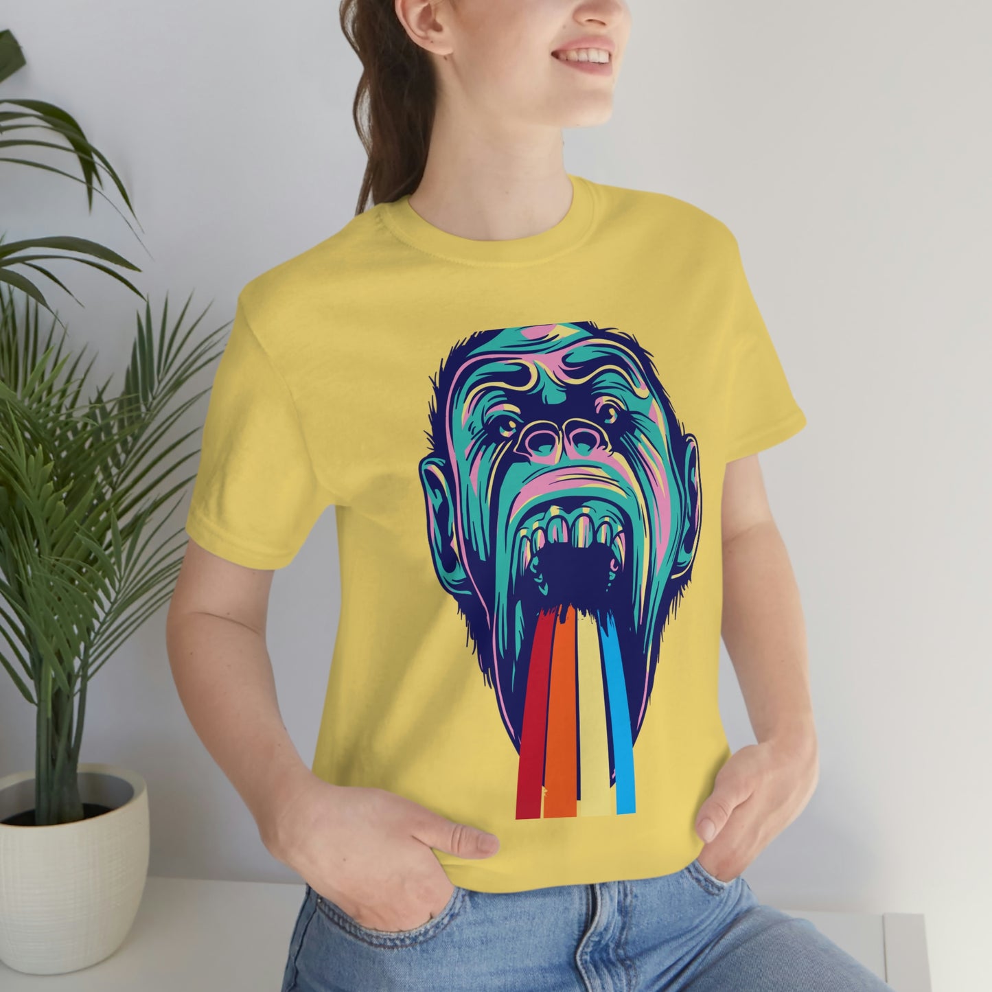 Color Ape Pouring flowing Rainbow Out His Mouth, Unisex Jersey Short Sleeve Tee