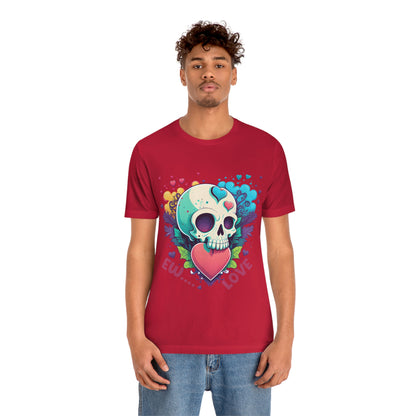 Ew Love Valentine Skull  With Pink And Blue Hearts Unisex Jersey Short Sleeve Tee