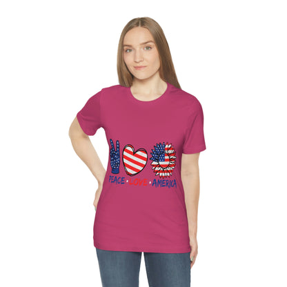 Peace Fingers , Love Heart , America Flag Design Unisex Jersey Short Sleeve Tee