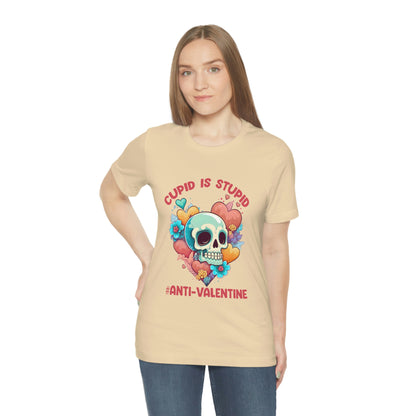 Stupid Cupid #Anti-Valentine Skull With Hearts & Flowers Unisex Jersey Short Sleeve Tee