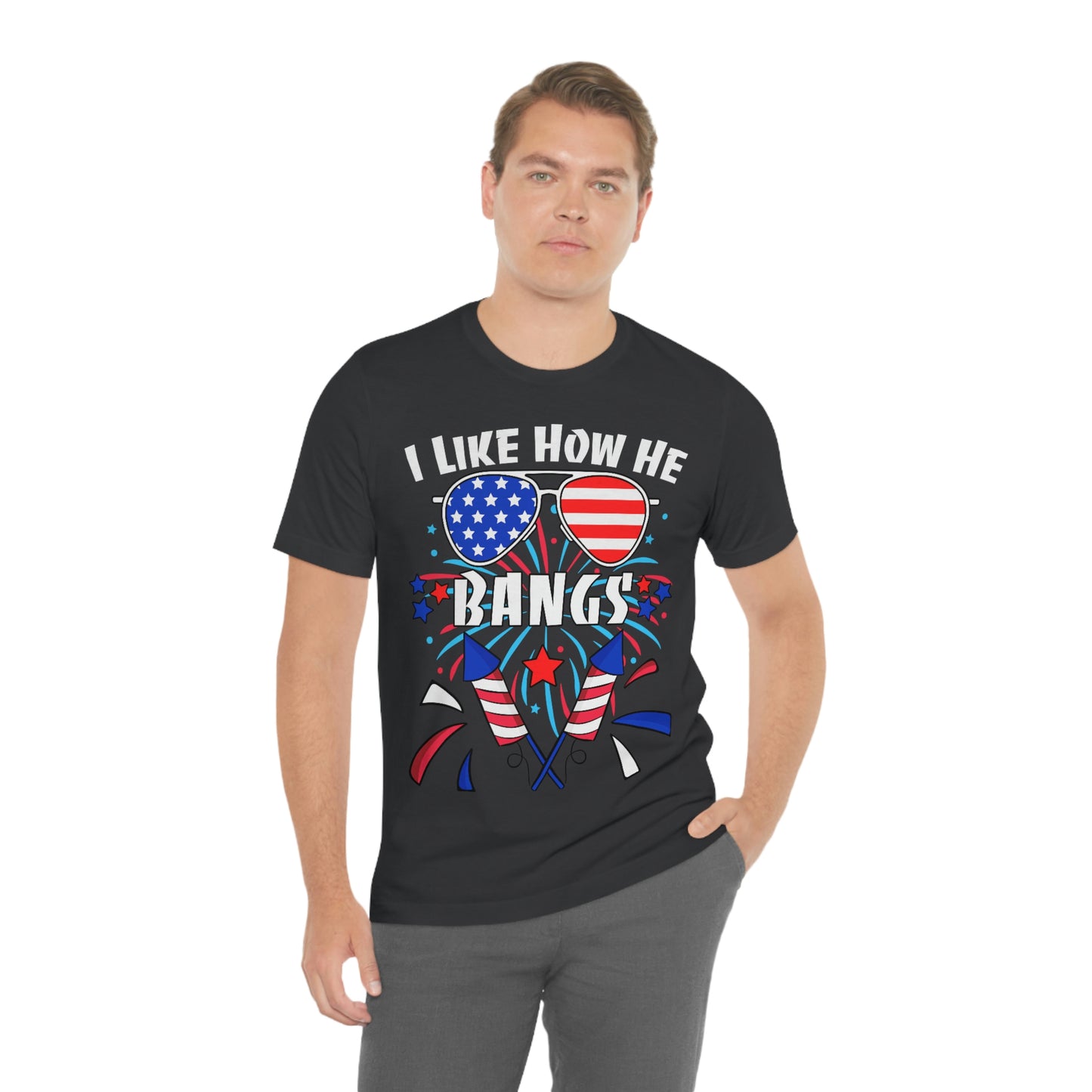 I Like How He Bangs American Flag, Fourth Of July 4th , American Flag Glasses Unisex Jersey Short Sleeve Tee