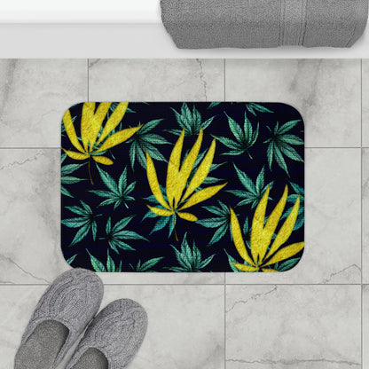 Large Gold Leaf Marijuana Pot Weed 420 With Green Leaf Background Bathmat