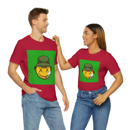 Blazed Happy Face With Hat & Pot Leafs, Unisex Jersey Short Sleeve Tee