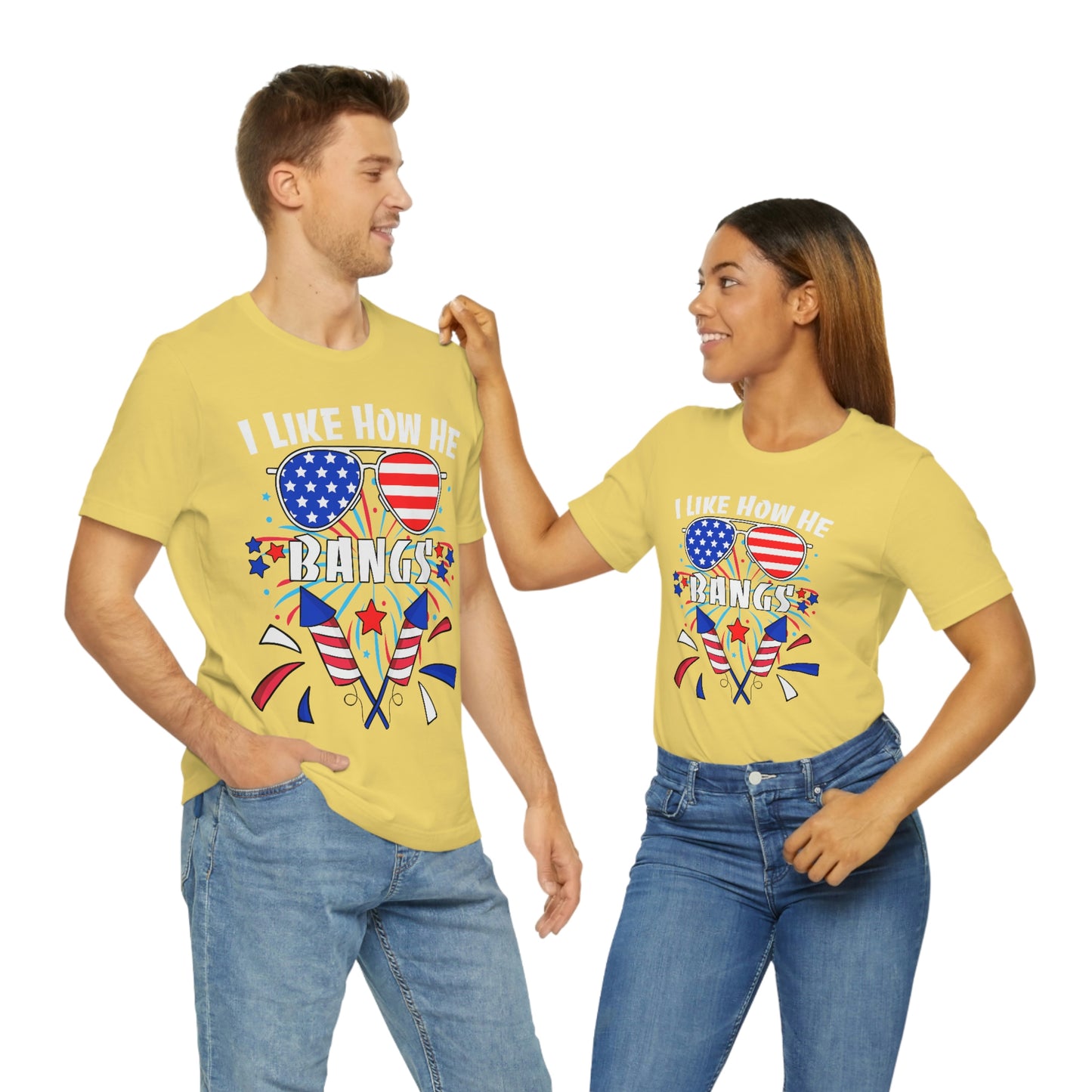 I Like How He Bangs American Flag, Fourth Of July 4th , American Flag Glasses Unisex Jersey Short Sleeve Tee