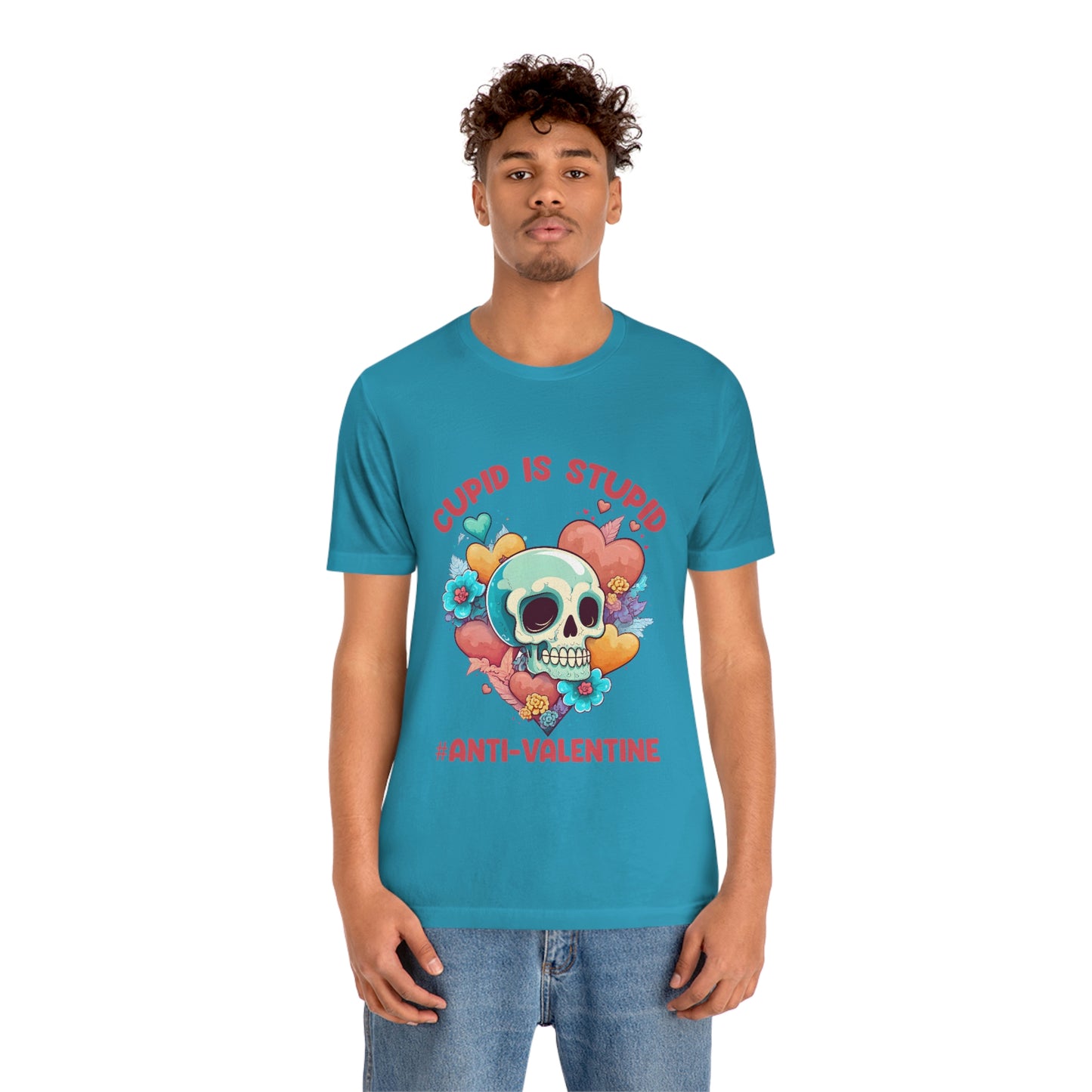 Stupid Cupid #Anti-Valentine Skull With Hearts & Flowers Unisex Jersey Short Sleeve Tee