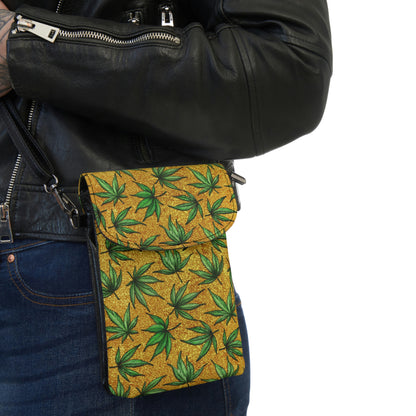 Gold And Green Marijuana Pot Weed Leaf With Gold Background 420 Small Cell Phone Wallet