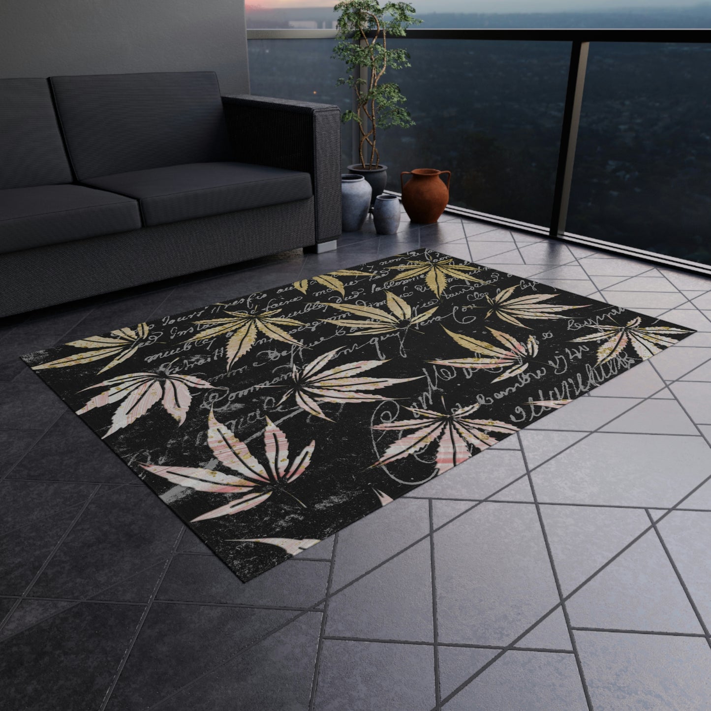 Gold And Black 420 Weed Pot Marijuana Leaf Outdoor Rug