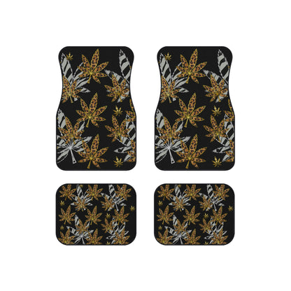 Gold And Zebra Marijuana Pot Weed Leaf 420 Marijuana Leaf Car Mats (Set of 4)