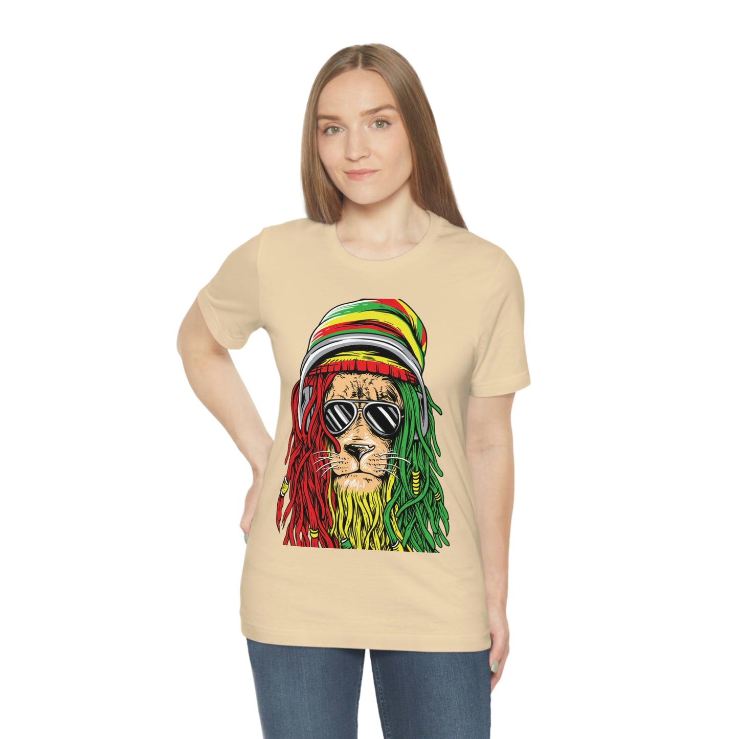 Reggae Lion With Dread locks with Hat, Unisex Jersey Short Sleeve Tee