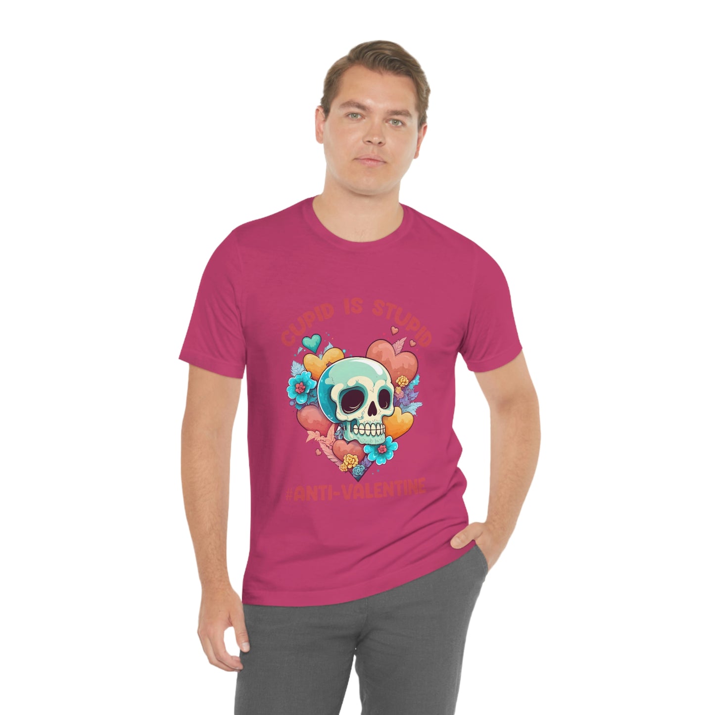 Stupid Cupid #Anti-Valentine Skull With Hearts & Flowers Unisex Jersey Short Sleeve Tee