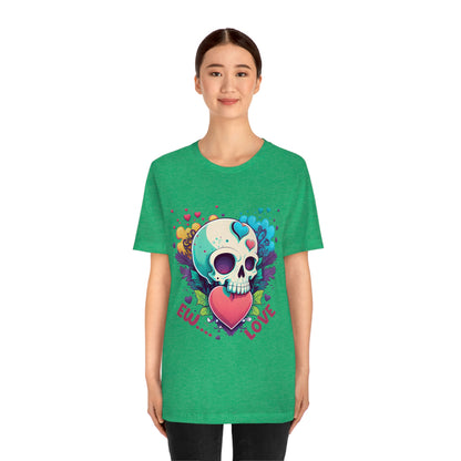 Ew Love Valentine Skull  With Pink And Blue Hearts Unisex Jersey Short Sleeve Tee