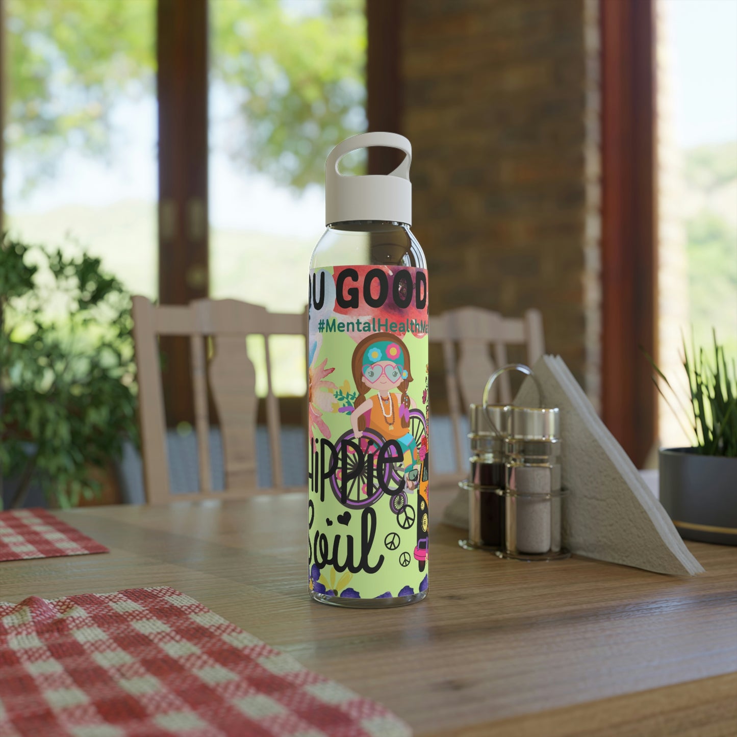 You Good Sis ? Mental Health Awareness Hippie Chic , Wheelchair Green Background Sky Water Bottle