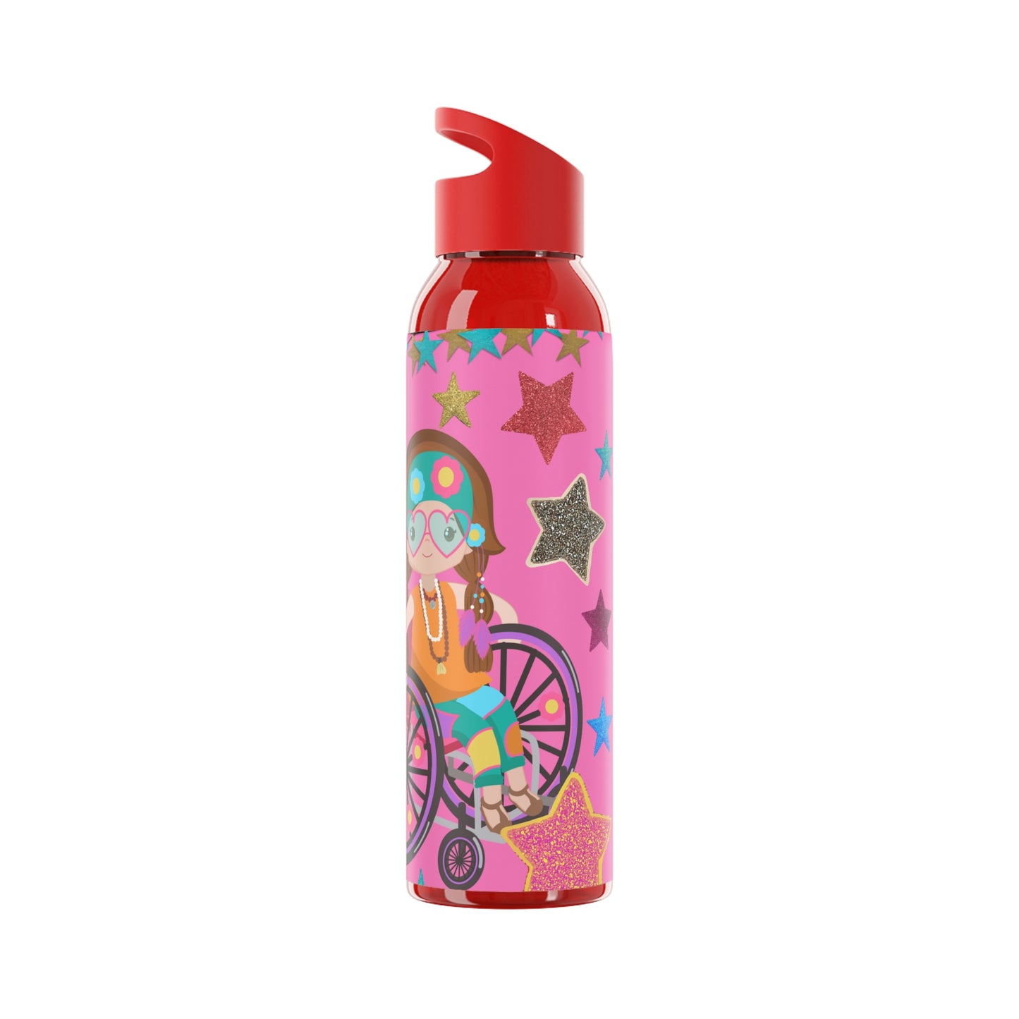 Super Girl Hippie Chic , Wheelchair Purple Background Sky Water Bottle