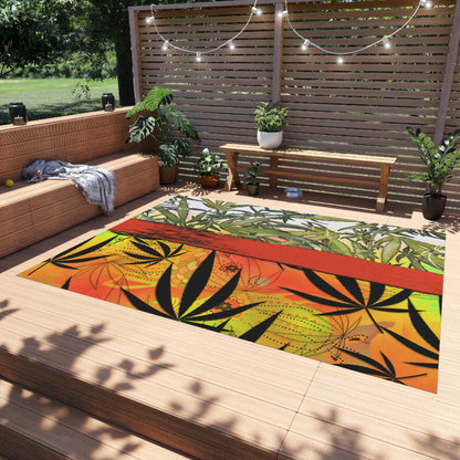 Beautiful Redish Orange Banded Marijuana 420 Pot Weed Leaf Outdoor Rug