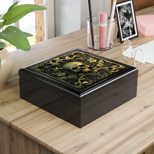Beautifully Designed Silver Metal Style Grey And Rustic Black Background, Gothic Skull And Shoulders Jewelry Box Jewelry Box