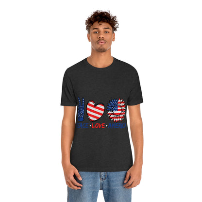 Peace Fingers , Love Heart , America Flag Design Unisex Jersey Short Sleeve Tee