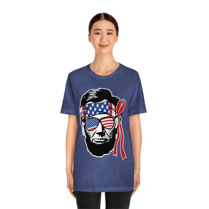 Independence Day Groovy Flag Glasses Well Known Face with Flag Bandana Unisex Jersey Short Sleeve Tee