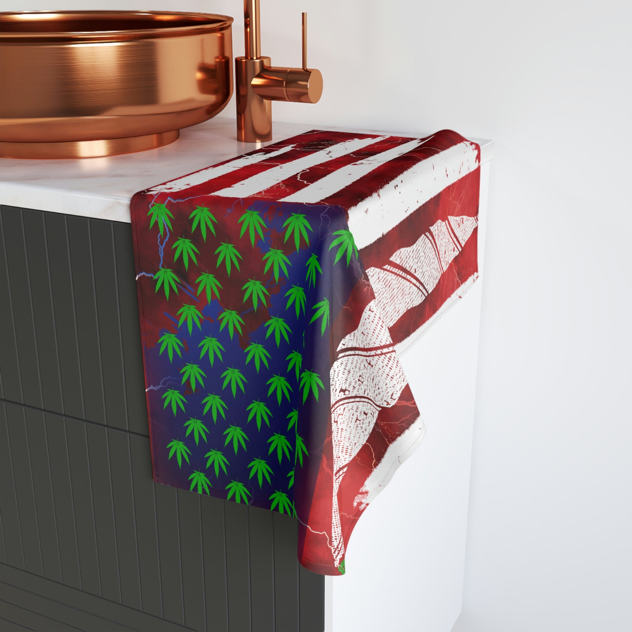 Flag Red, White And Blue Beautiful Red Background With Marijuana Pot Weed 420 Hand Towel