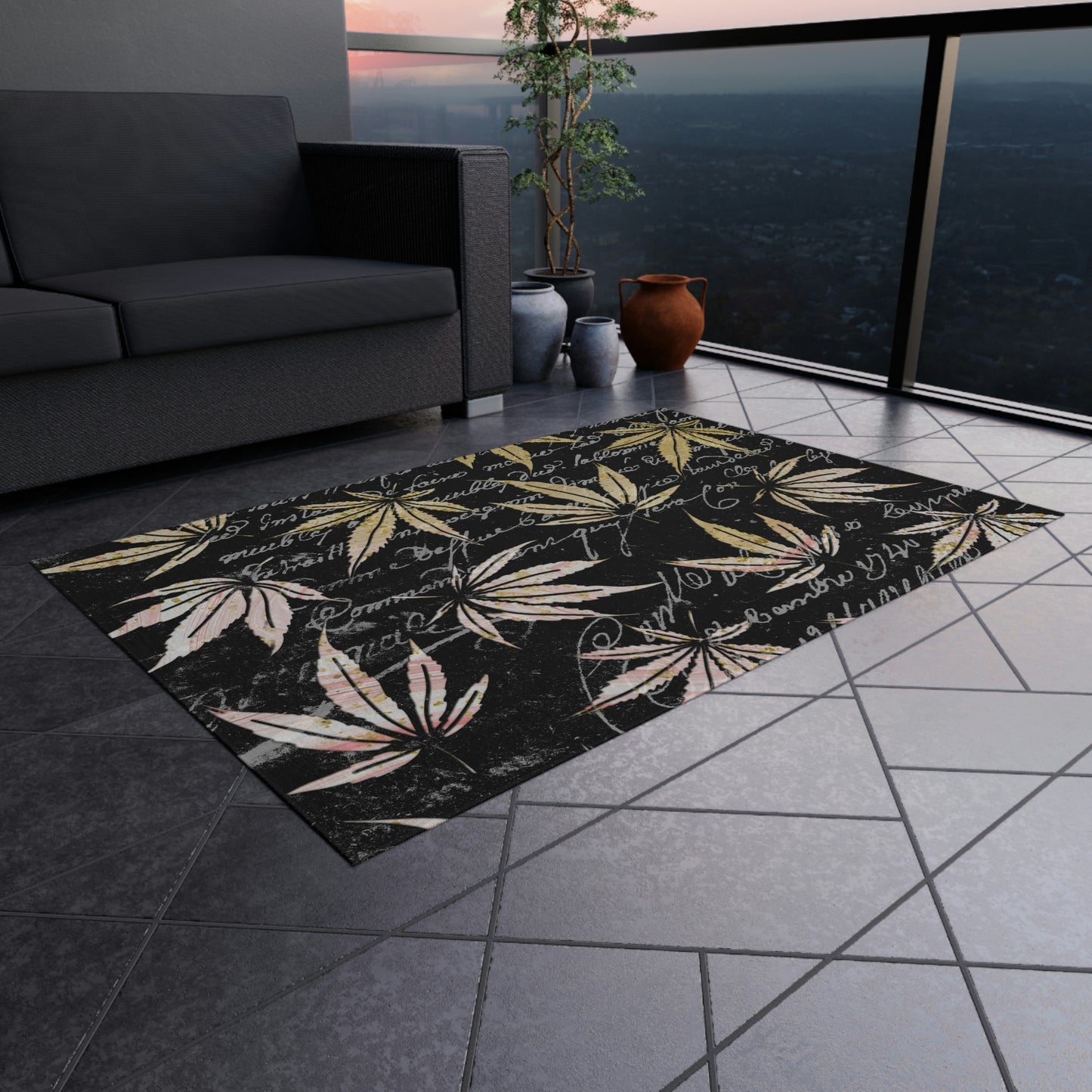 Gold And Black 420 Weed Pot Marijuana Leaf Outdoor Rug