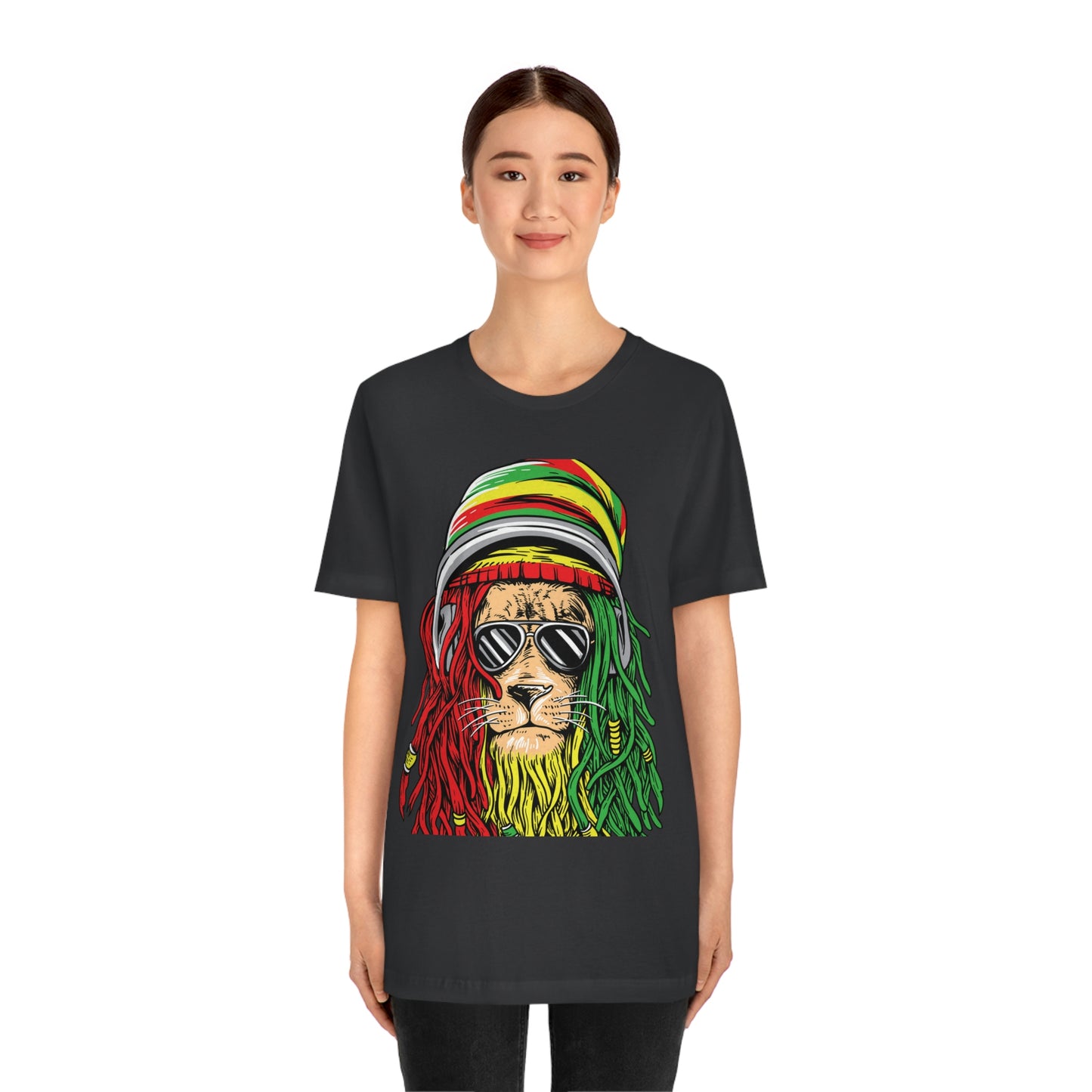 Reggae Lion With Dread locks with Hat, Unisex Jersey Short Sleeve Tee