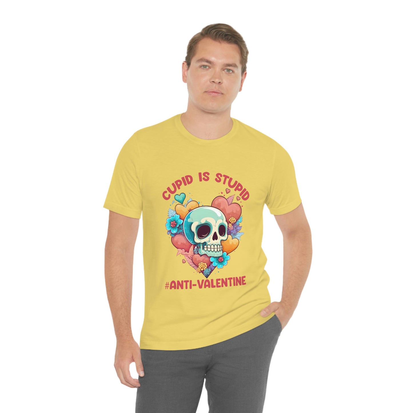 Stupid Cupid #Anti-Valentine Skull With Hearts & Flowers Unisex Jersey Short Sleeve Tee