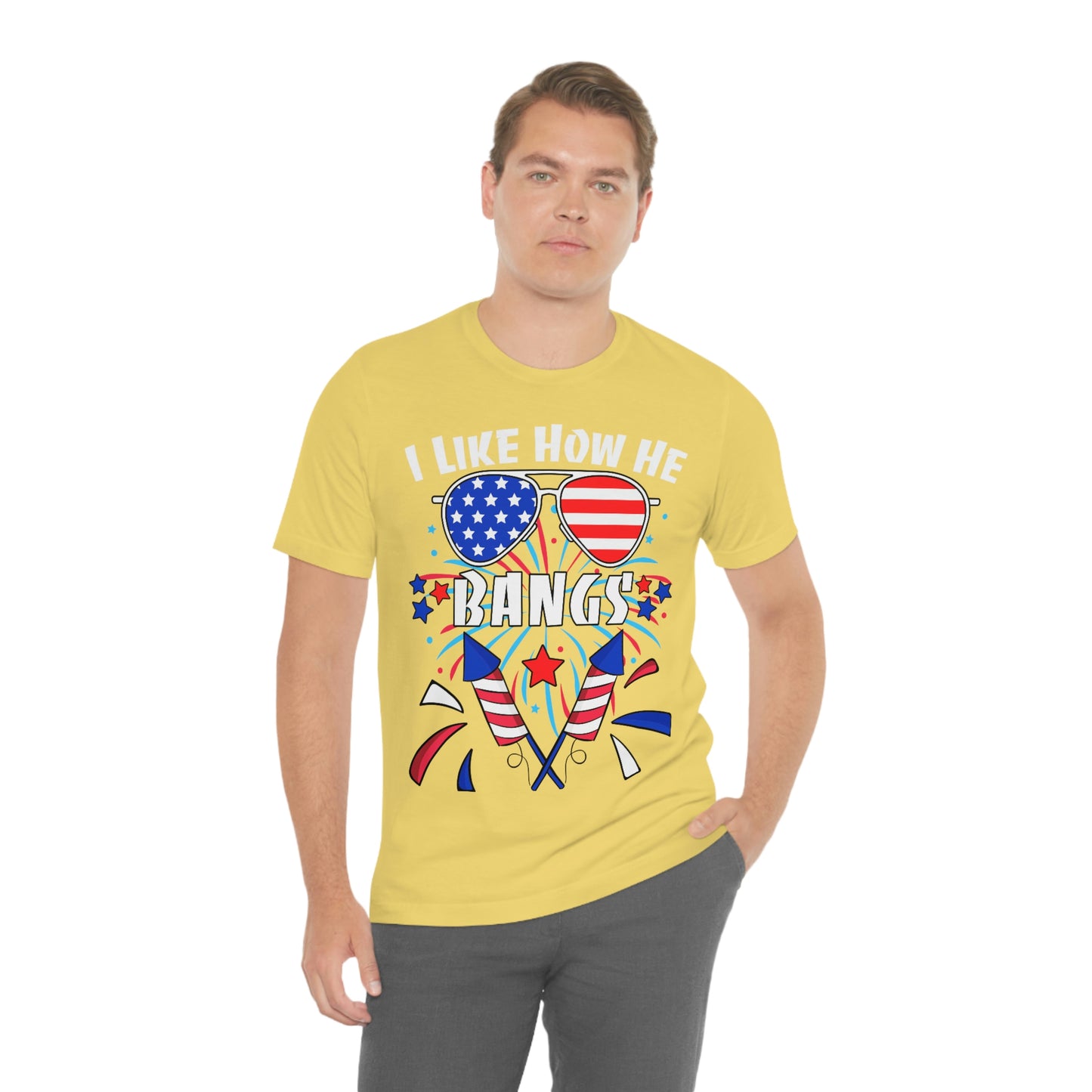 I Like How He Bangs American Flag, Fourth Of July 4th , American Flag Glasses Unisex Jersey Short Sleeve Tee