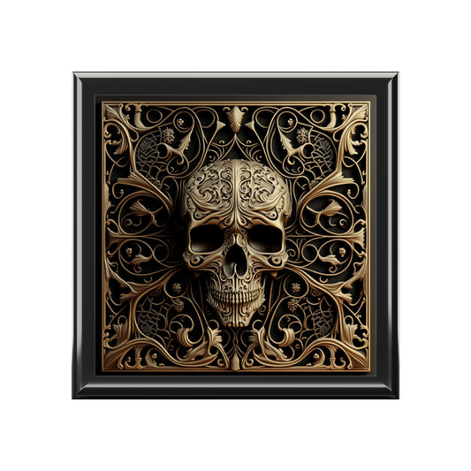 Detailed Chrome Metal Style Grey And Black Gothic Skull Jewelry Box Jewelry Box