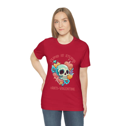 Stupid Cupid #Anti-Valentine Skull With Hearts & Flowers Unisex Jersey Short Sleeve Tee