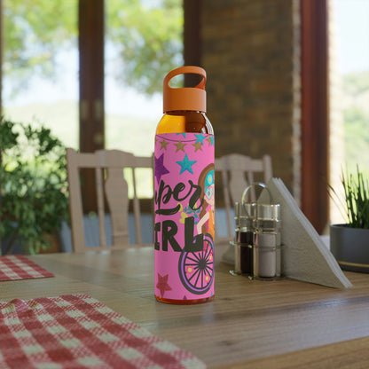 Super Girl Hippie Chic , Wheelchair Purple Background Sky Water Bottle