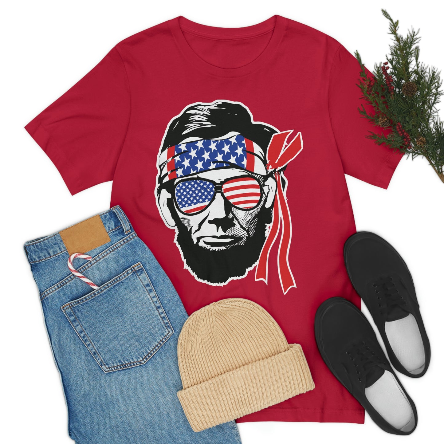 Independence Day Groovy Flag Glasses Well Known Face with Flag Bandana Unisex Jersey Short Sleeve Tee