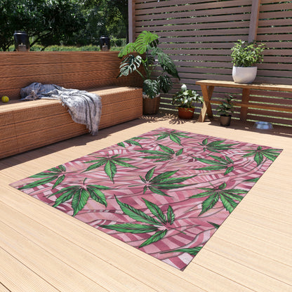 Sassy Pink And Green 420 Weed Marijuana Leaf Outdoor Rug