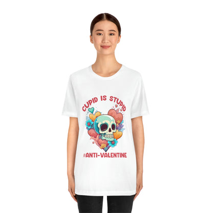 Stupid Cupid #Anti-Valentine Skull With Hearts & Flowers Unisex Jersey Short Sleeve Tee