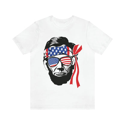 Independence Day Groovy Flag Glasses Well Known Face with Flag Bandana Unisex Jersey Short Sleeve Tee